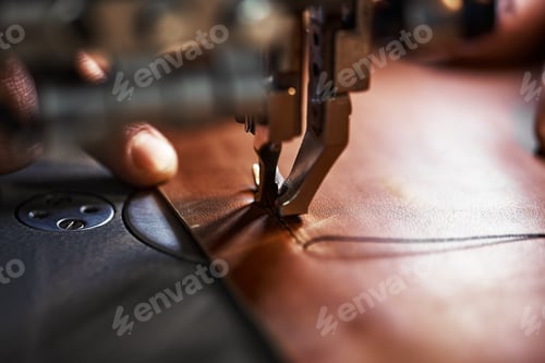 Preview: Working process of leather craftsman. Tanner or skinner sews leather on a special sewing machine