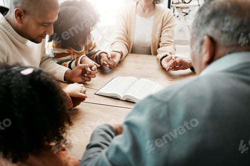 Preview: Holding hands, family and group praying, bible and support with quality time, connect and gratitude