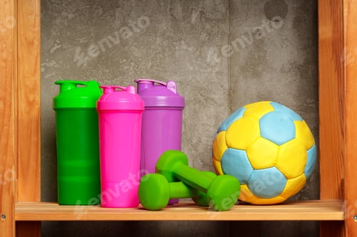 Preview: Shelves with different sports equipment against green wall