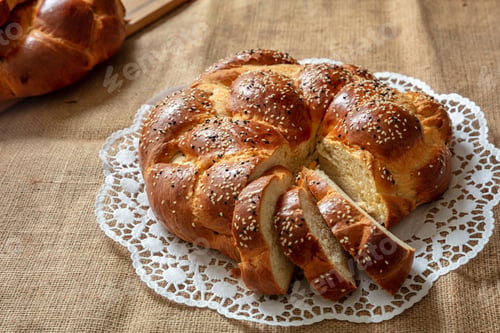 Preview: Easter sweet bread, greek tsoureki, brioche braid slice on table, close up view