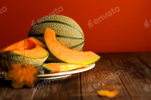 Preview: autumn still life with melon in a dark key on a wooden background