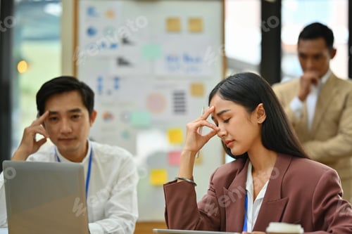 Preview: Stressed employees searching problem solution at meeting or dissatisfied with work results.