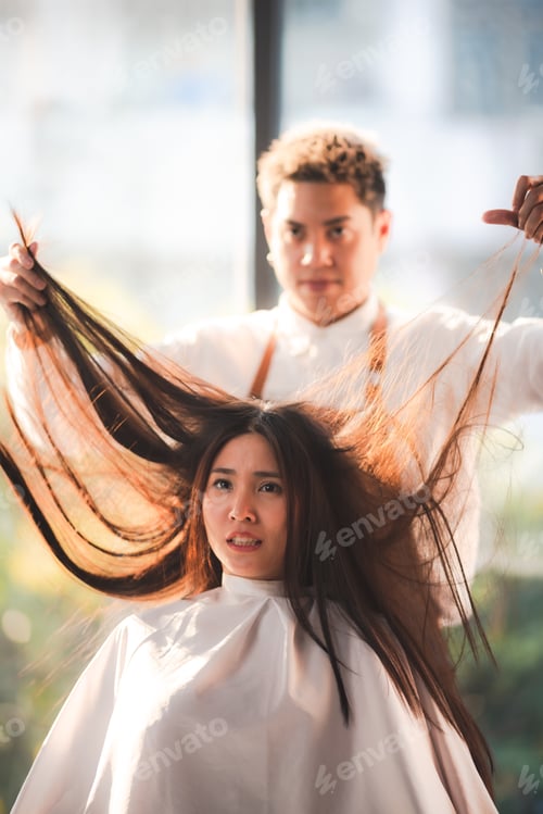 Preview: professional fashion hairdresser and hair beauty salon, hairstylist making treatment to woman client