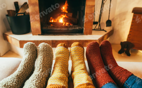 Preview: Legs view of happy family wearing warm socks in front of fireplace