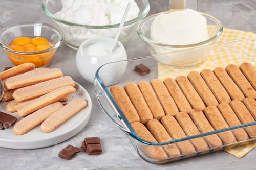 Preview: Ingredients of the traditional italian dessert tiramisu. Cooking blog and cooking classes concept