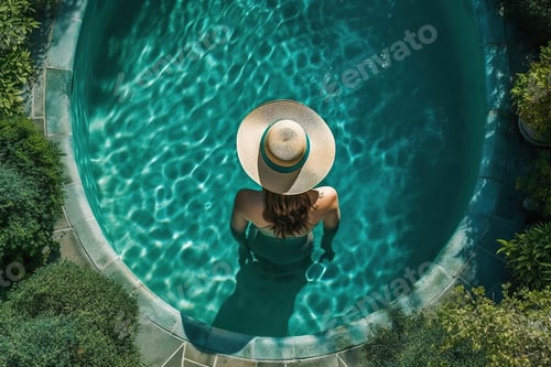 Preview: Fun in the Sun: Aerial Photo of Woman in Hat Standing in Swimming Pool