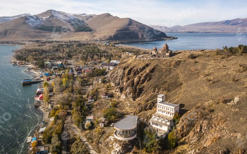 Preview: Aerial view of Sevanavank Monastery complex on the lake Sevan
