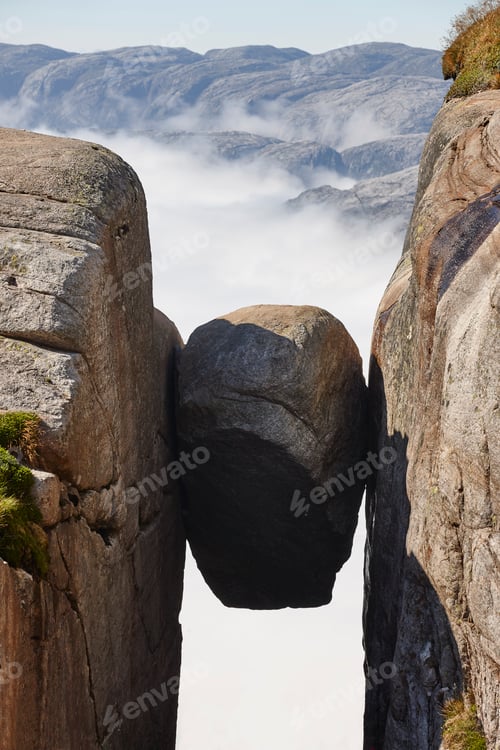 Preview: Norwegian fjord landscape. Lysefjorden area. Kjeragbolten landmark. Norway adventure tourism