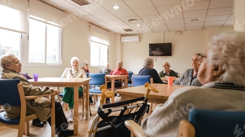 Preview: Elderly men and women sitting in nursing home canteen