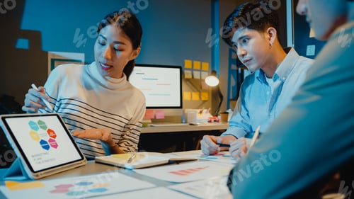 Visualização: Reuniões de empresários asiáticos, análise de planos, estatísticas, brainstorming e chefia da equipe.