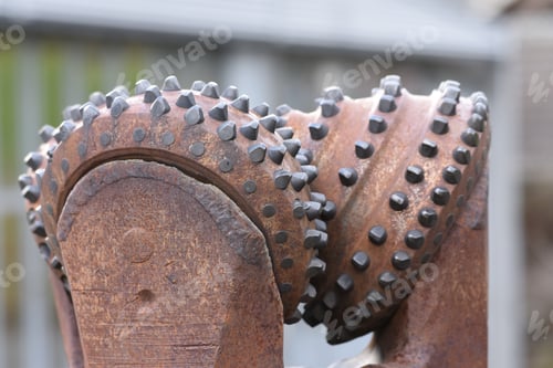 Preview: Closeup of a rusty metallic drill bit on a blurry gray background