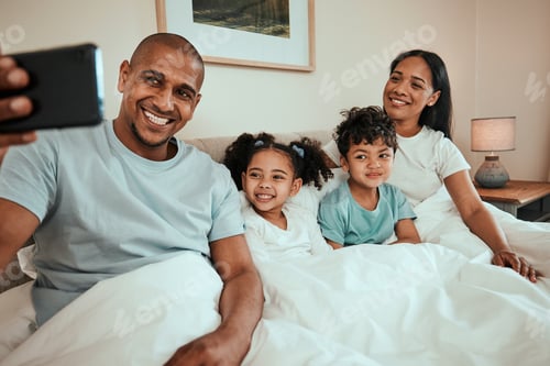 Preview: Phone, selfie and happy family in bed together for social media, profile picture or relax with mom