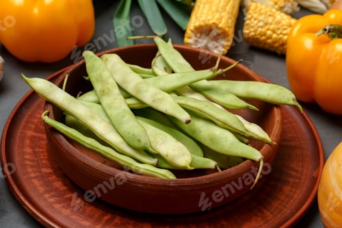 Preview: Green beans in clay plate with vegetables