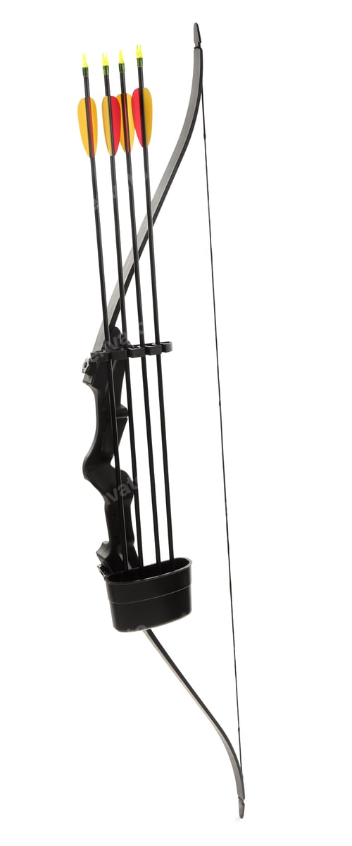 Preview: Black bow and plastic arrows on white background. Archery sports equipment