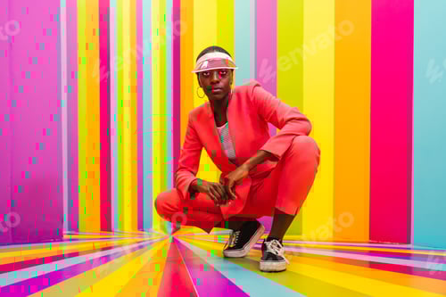 Preview: Beautiful young woman dancing and having fun inside a rainbow box room