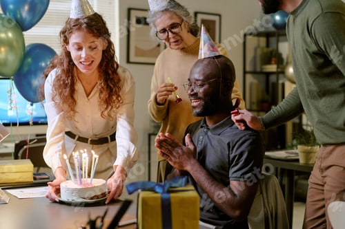 Preview: Middle Aged Black Man Celebrating Birthday with Diverse Coworkers in Office