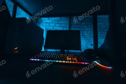 Preview: Gaming computer in a dark neon room.