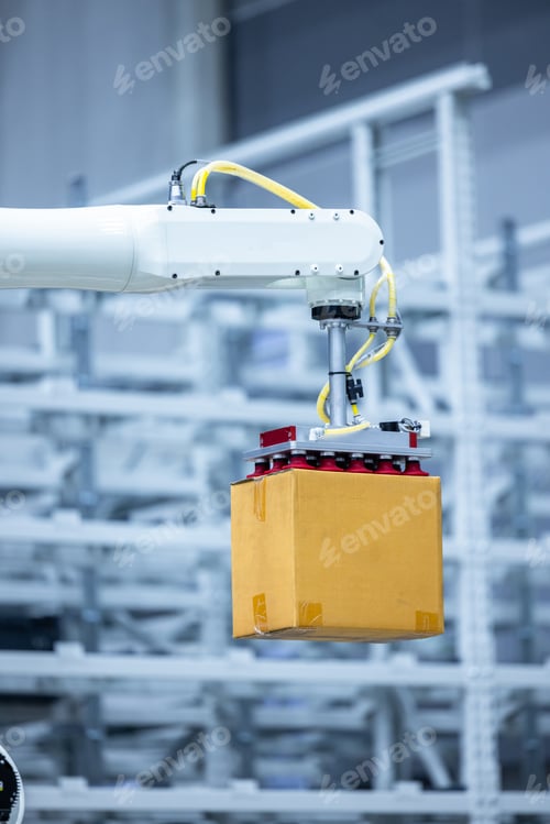Preview: Robotic arm handling boxes on pallets in automated warehouse, Logistics warehouse automation
