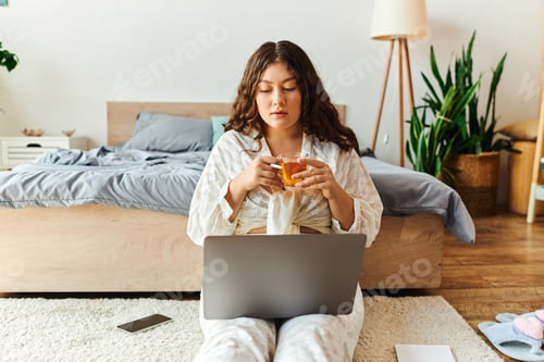 Preview: Young beautiful plus size woman enjoys a cozy evening at home while working on her laptop