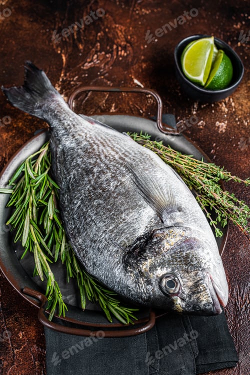 Preview: Uncooked Raw sea bream or dorado fish with herbs. Dark background. Top view
