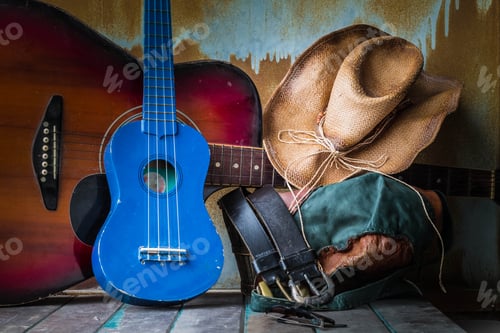Preview: Guitars and equipment on wooden