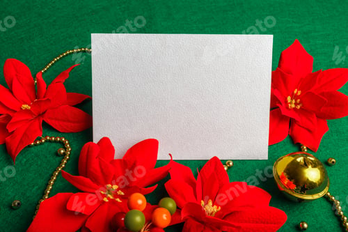 Preview: Blank card with Christmas decorations and poinsettia.