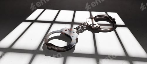 Preview: Prison concept. Jail bar and handcuff on the dungeon floor, dark background. 3d render