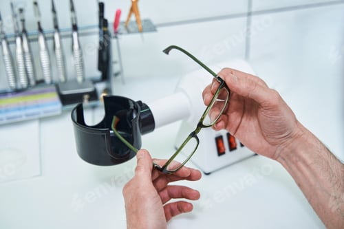 Preview: Male optician hands holding glasses with green frame