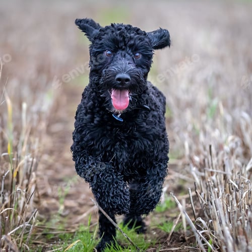 Preview: Close-up shot of a black Labradoodle running between grass