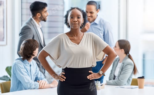 Preview: Leadership, motivation and corporate black woman leader in a business meeting with happy team in of