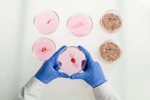 Preview: Overview of gloved hands of worker of food quality control holding petri dish