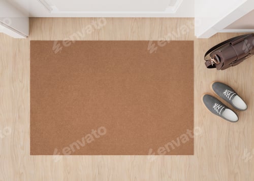 Preview: Blank brown door mat on the floor at home. Welcome mat with copy space for your text. Doormat
