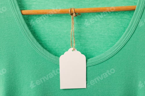 Preview: Green t shirt with tag on hanger with copy space on white background