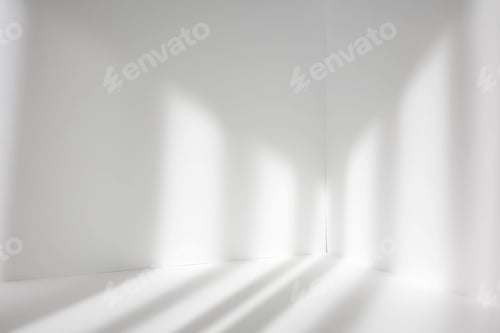 Preview: Empty white corner. Abstract studio background for cosmetic product. 3d room with shadows of window.