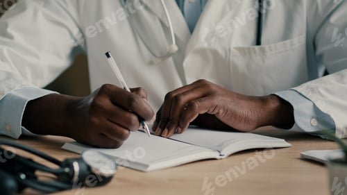 Preview: Unknown male hands african man doctor sit at clinic desk writing medical prescription prescribe