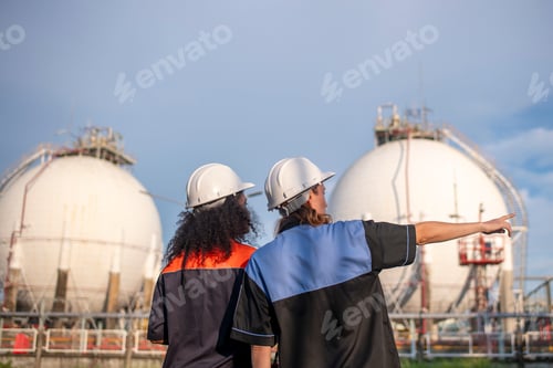 Preview: Engineers wearing safety gear, including hard hats examining survey a large blueprint tablet standin