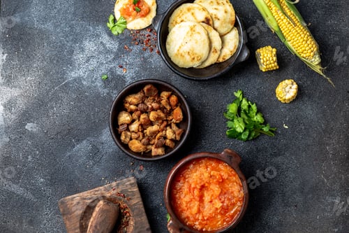 Preview: Colombian Food. Chicharron, Maize Arepas with Tomato and Onion Sauce.