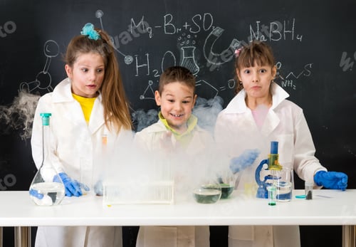 Preview: three excited children after chemical experiment