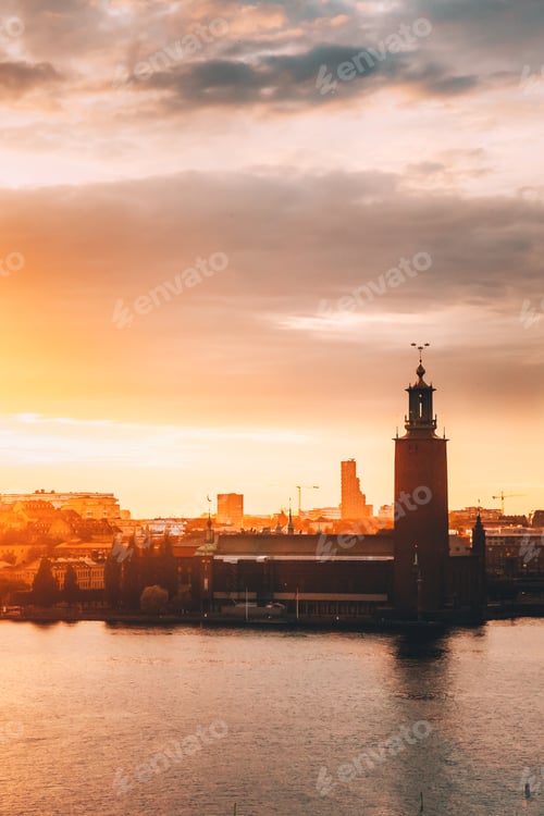 Preview: Stockholm, Sweden. Scenic Skyline View Of Famous Tower Of Stockholm City Hall. Building Of Municipal