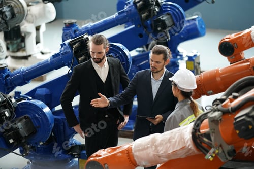 Preview: Robotics engineer working on maintenance of robotic arm in factory warehouse. Business technology.