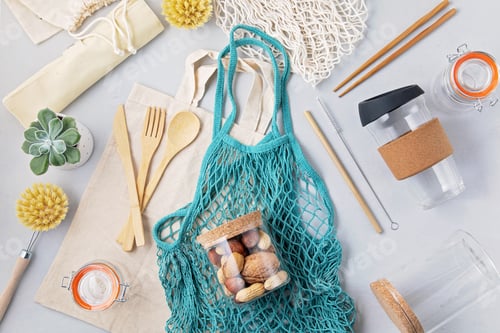 Preview: Zero waste concept. Set of eco friendly bamboo cutlery, mesh cotton bag, reusable coffee tumbler