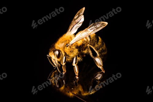 Preview: Honey bee macro, isolated on black background. Bee concept