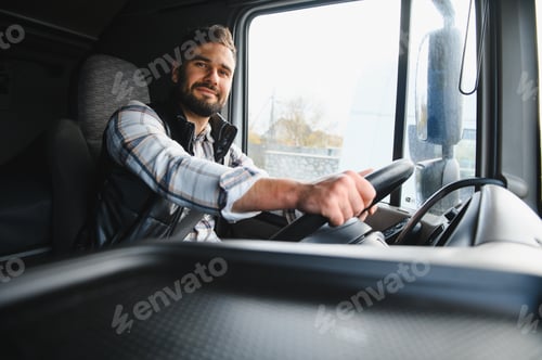 Preview: Truck driver smiling driving commercial vehicle