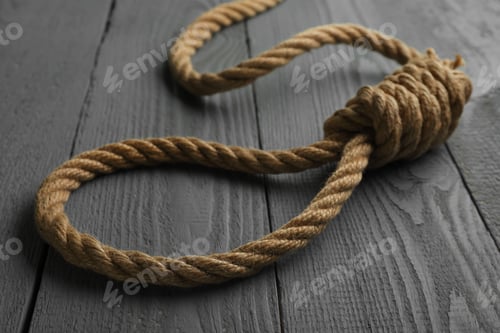 Preview: Rope noose on grey wooden table, closeup