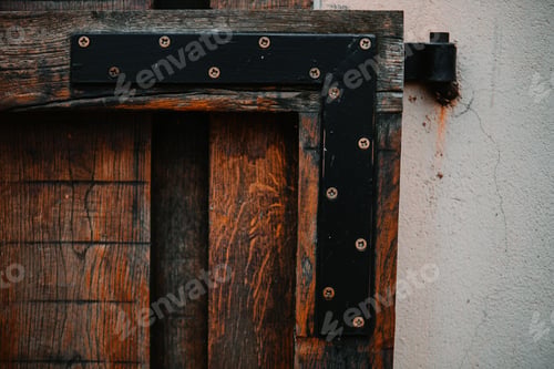 Preview: Closeup of an old handmade door hinge on a wooden door