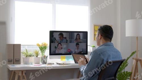 Preview: Group of asia team people chat online with casual work at home office self learn in job