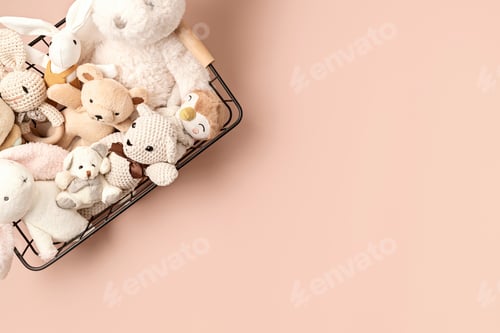 Preview: Soft plush children toys in the basket.