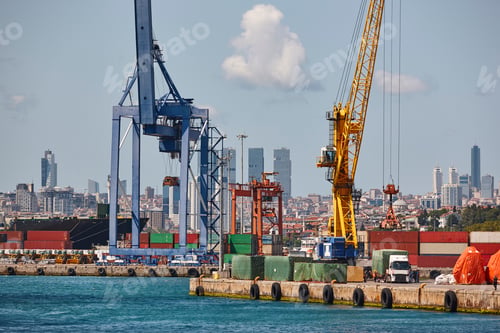 Preview: Cranes at comercial seaport. Bosphorus strait in Istanbul. Transportation Turkey