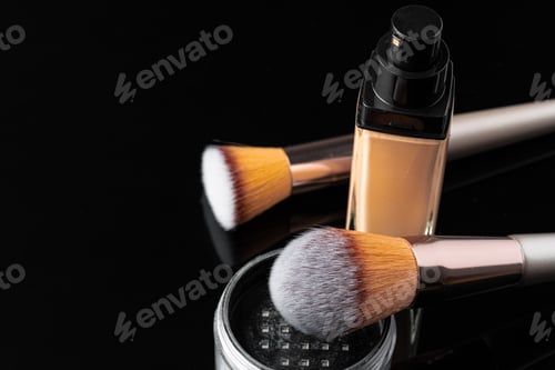 Preview: Professional makeup brushes and tools, make-up products set on dark table