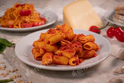 Preview: Closeup shot of fresh mezzi rigatoni with tomato sauce